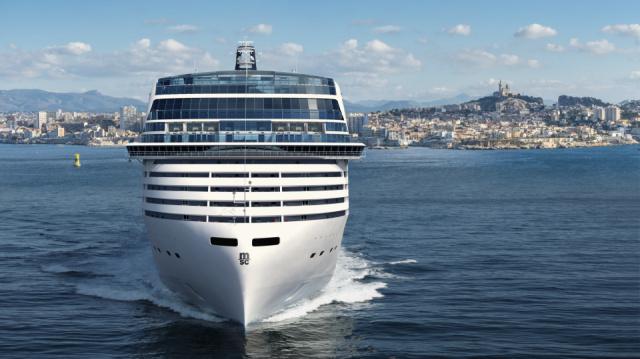 MSC World Europa with her signature 90-degree plumb bow