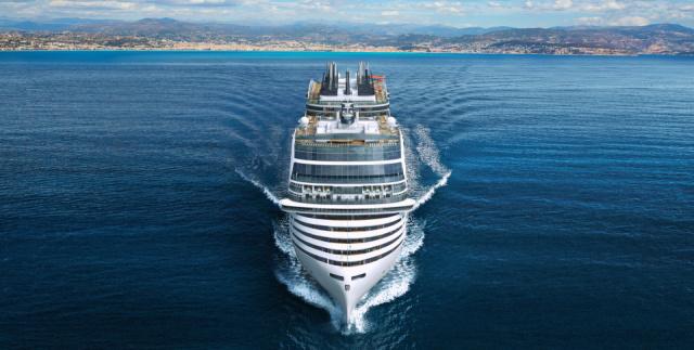 MSC World Europa with a plumb bow shaped like an arrow